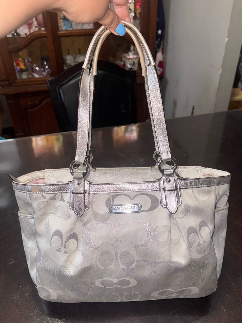 Coach gallery optic signature tote with metallic leather trim